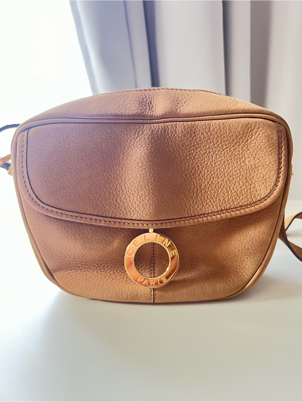 Celine Brown Pebbled Leather Crossbody with Gold Ring Logo